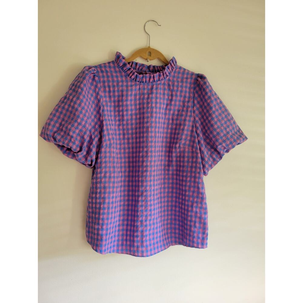 Anniewear Pink And Purple Gingham Blouse Baloon Sleeve Pastel Feminine Size L